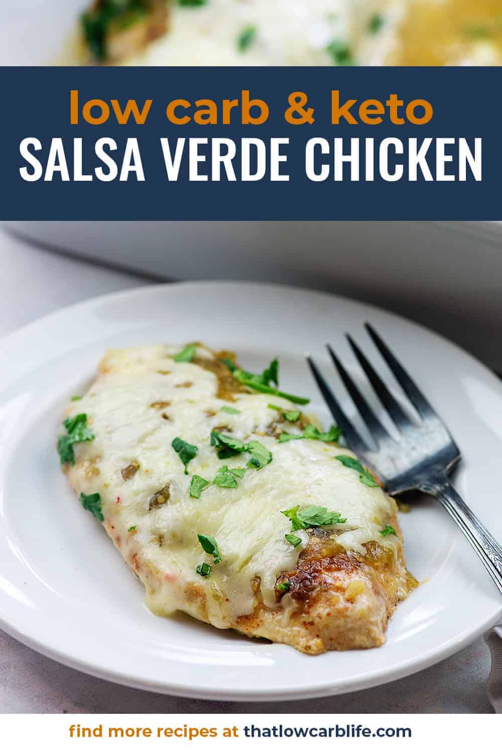 cheesy salsa verde chicken on white plate with fork