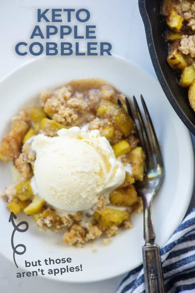 apple and zucchini cobbler recipe on white plate with vanilla ice cream