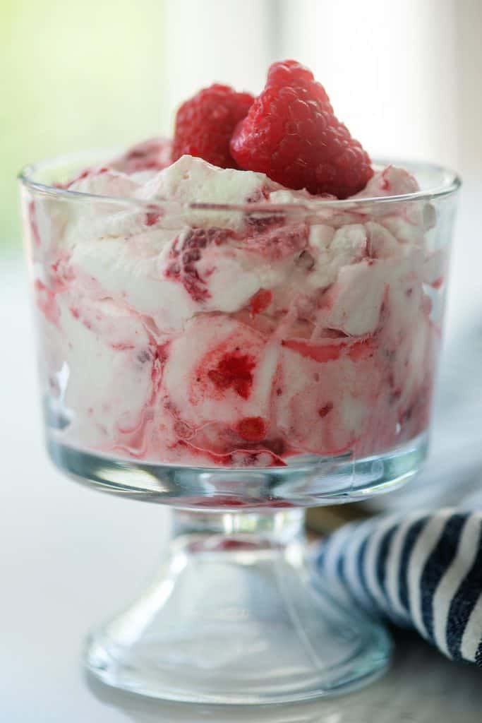 raspberry fool in small glass dish