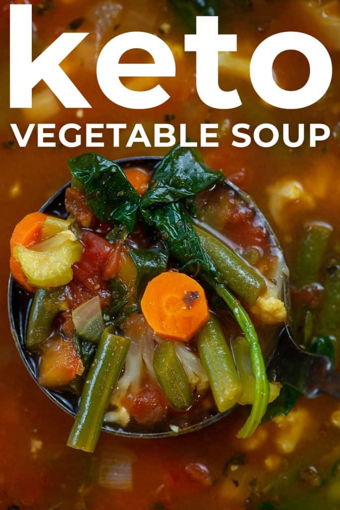 keto vegetable soup on ladle