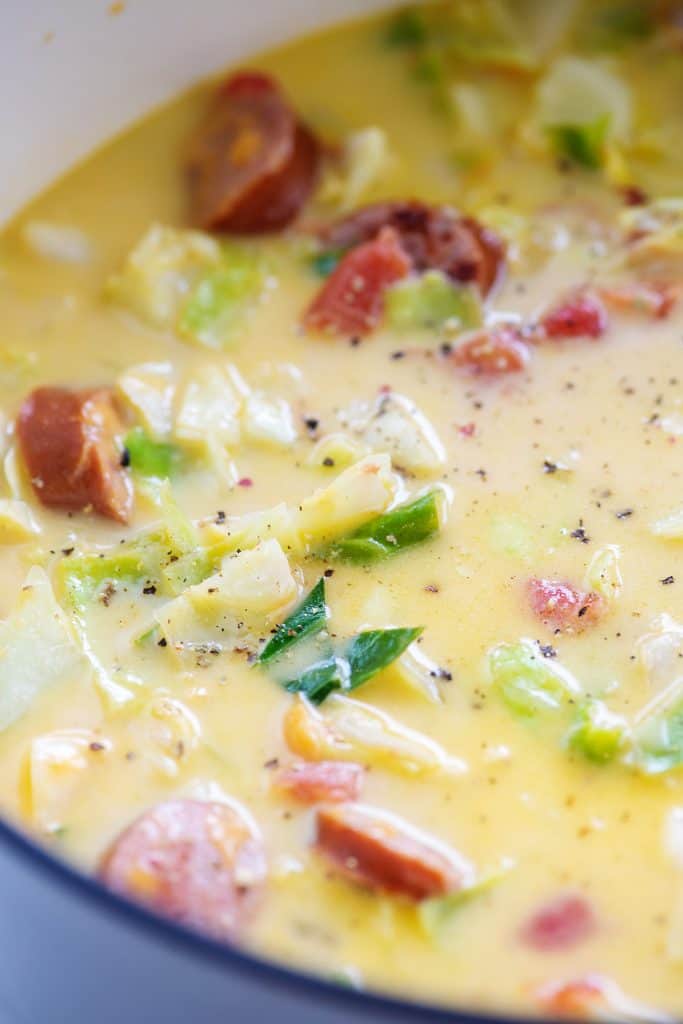 cheesy smoked sausage and cabbage soup