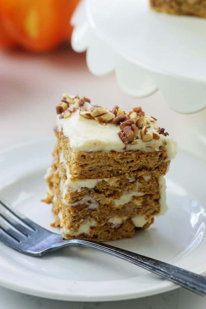 keto pumpkin chaffle cake on white plate with vintage fork