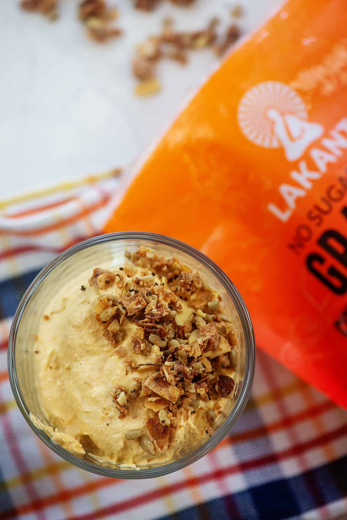 pumpkin mousse topped with keto granola