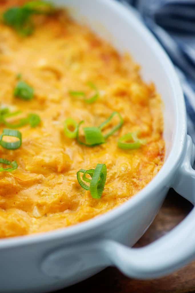 white dish filled with buffalo chicken dip