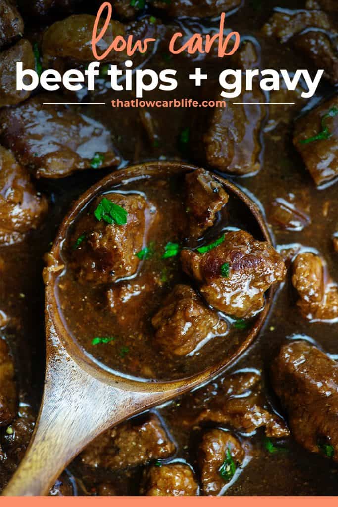 beef tips recipe in wooden spoon