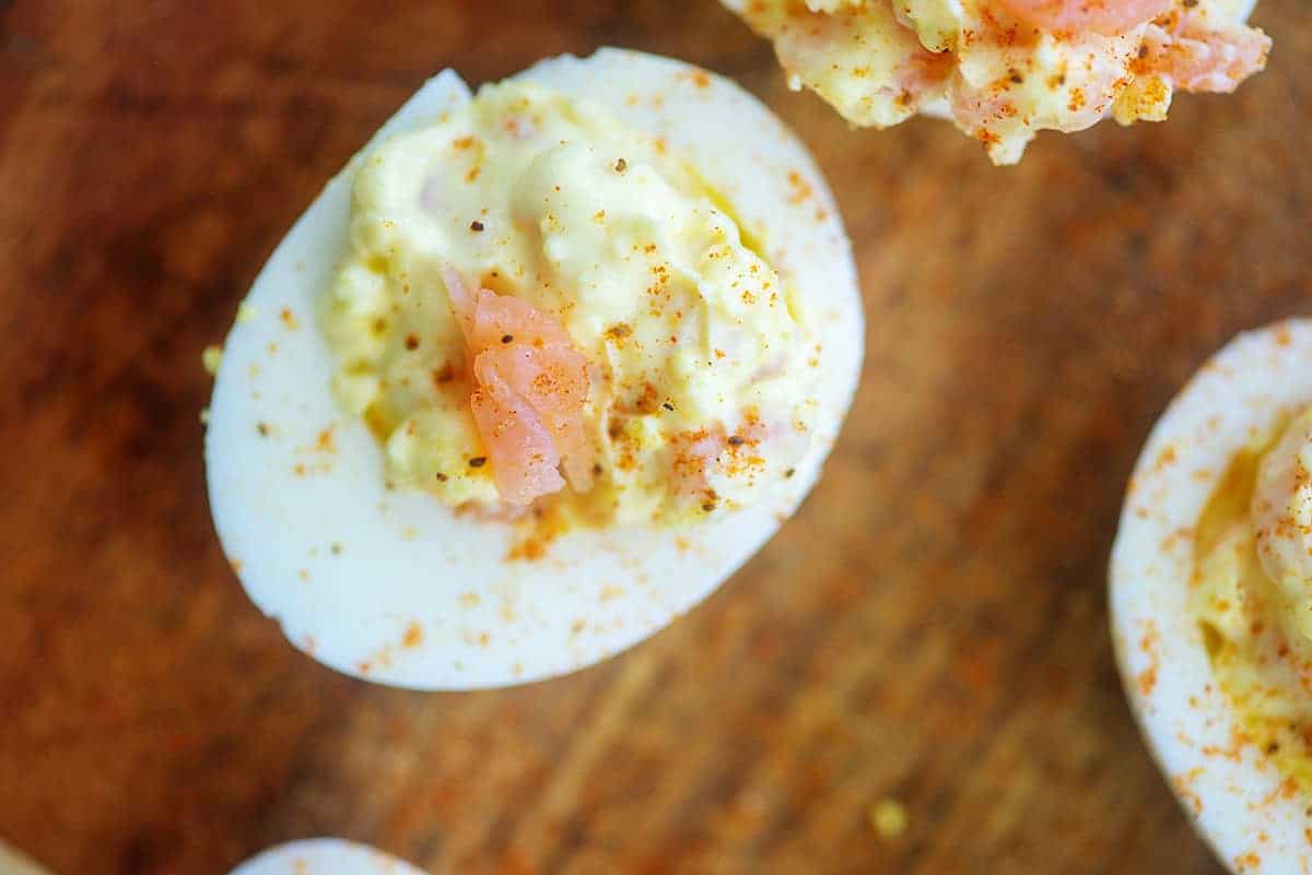 deviled egg topped with salmon
