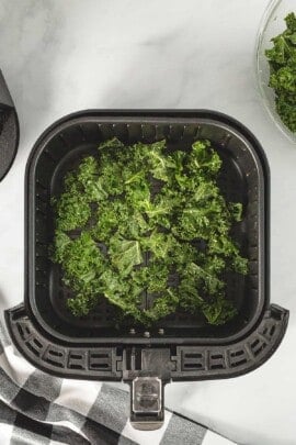 Kale chips in an air fryer basket.