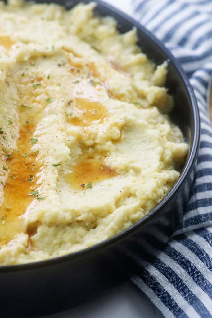Mashed cauliflower topped with browned butter.