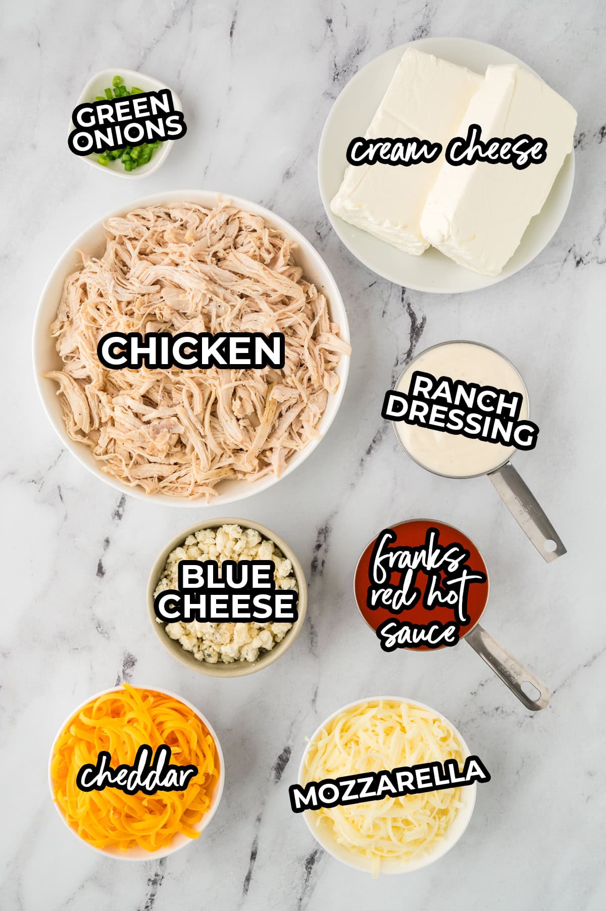 Ingredients for crockpot buffalo chicken dip recipe.