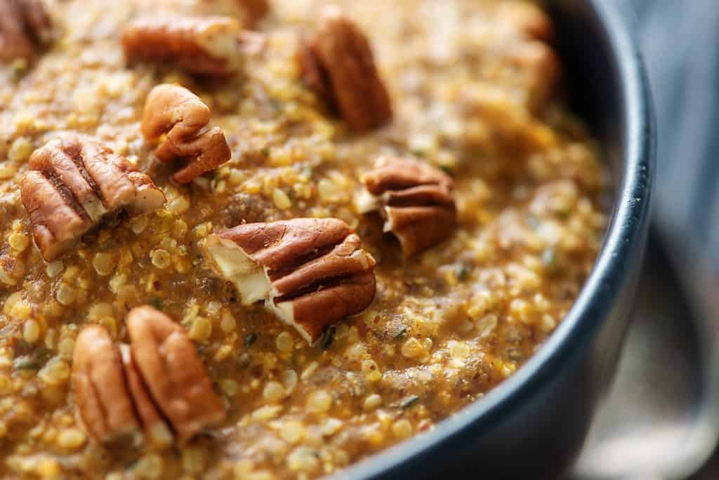 pumpkin pecan noatmeal in black bowl