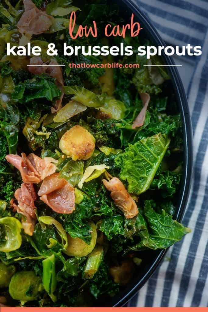 black bowl full of kale and Brussels sprouts, topped with prosciutto.