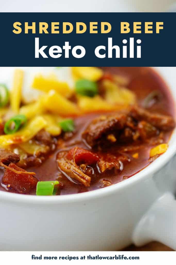 Keto chili recipe made with shredded beef.