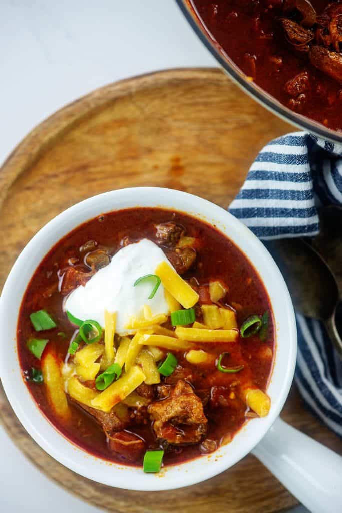 white bowl full of keto chili.