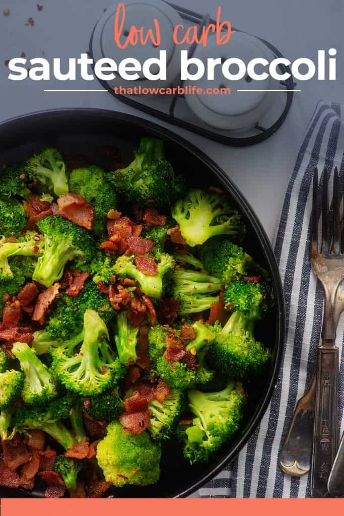 low carb sauteed broccoli and bacon in black dish.