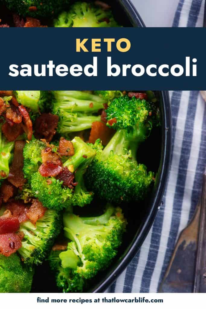 sauteed broccoli in black dish topped with bacon.
