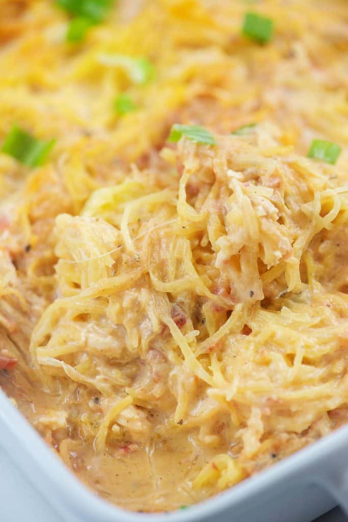 cheesy spaghetti squash recipe in baking dish.