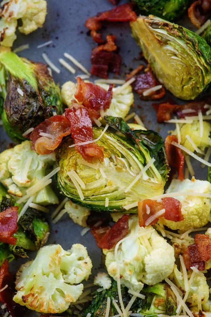 garlic parmesan roasted Brussels sprouts on baking sheet.