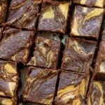 overhead view of chocolate peanut butter fudge squares.