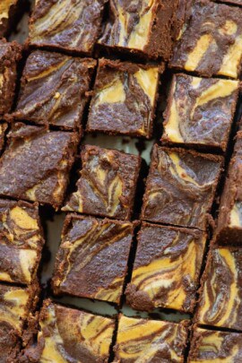 overhead view of chocolate peanut butter fudge squares.