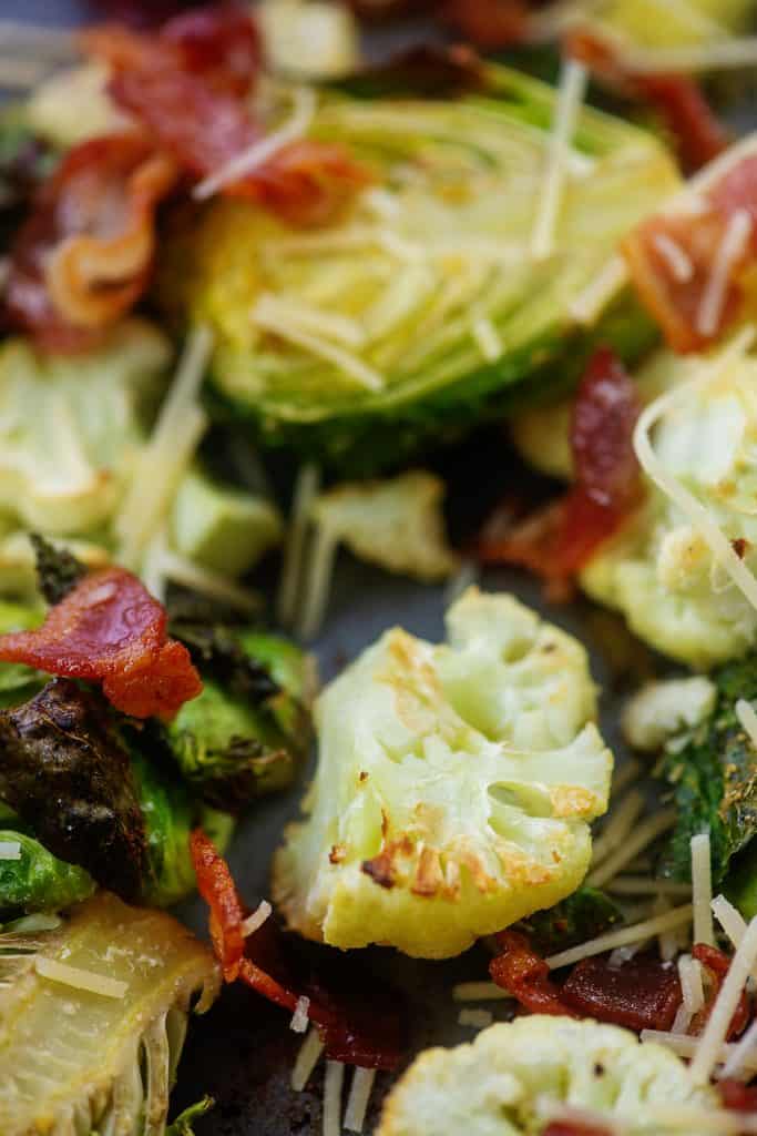 overhead view of roasted Brussels sprouts and bacon.
