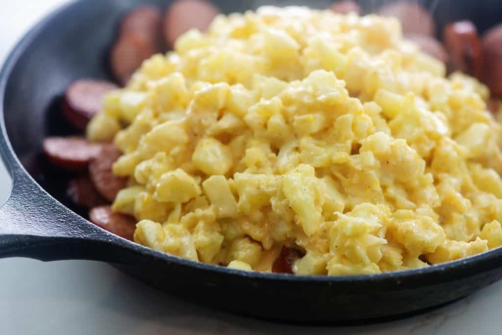 cauliflower and smoked sausage in skillet.