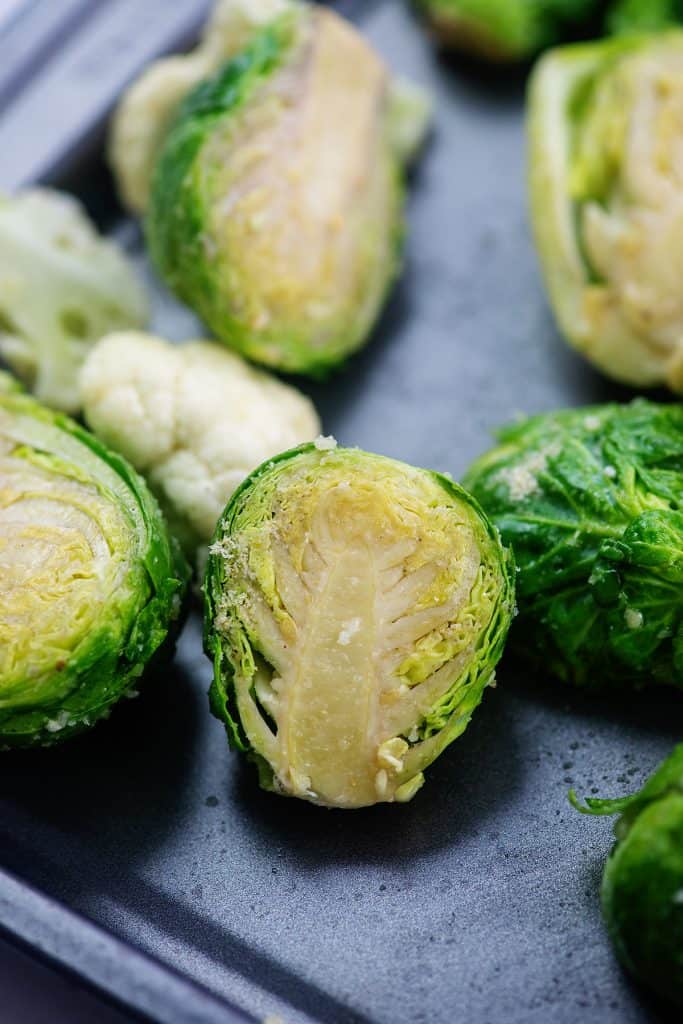 vegetables on baking sheet.