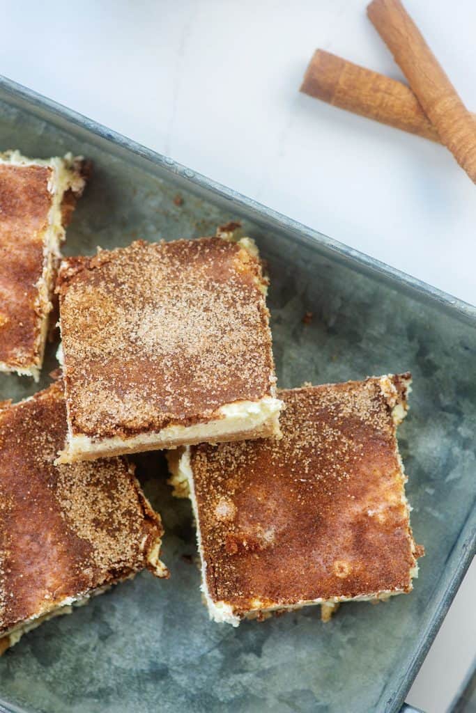 keto snickerdoodle bars in metal dish.