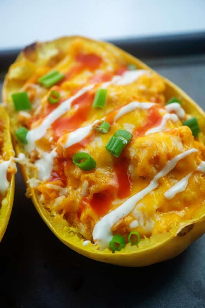 spaghetti squash stuffed with buffalo chicken.