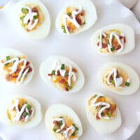 overhead view of loaded deviled egg recipe.