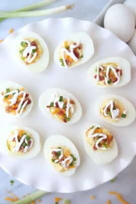 overhead view of loaded deviled egg recipe.