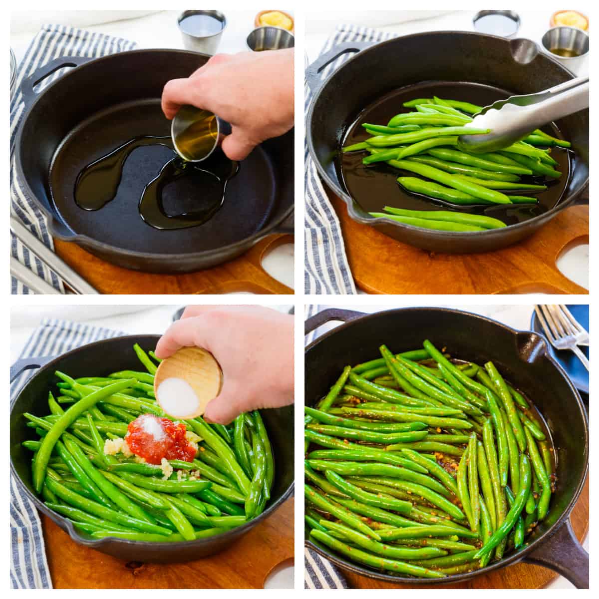 Collage showing how to make low carb Szechuan green beans.