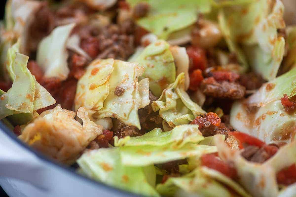 beef and cabbage in skillet.