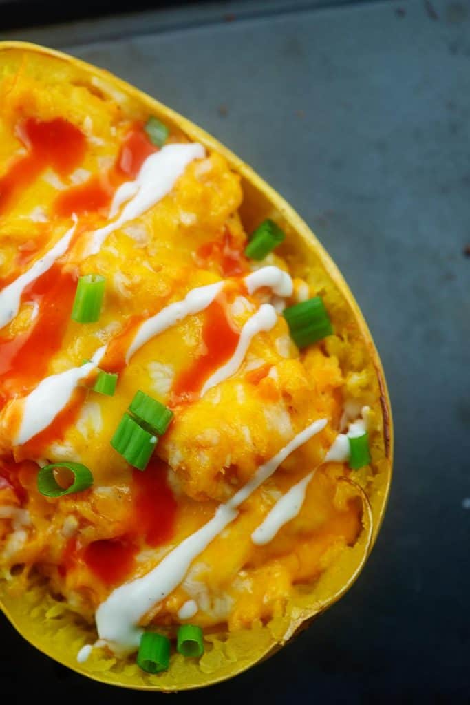 overhead view of buffalo chicken spaghetti squash boats.