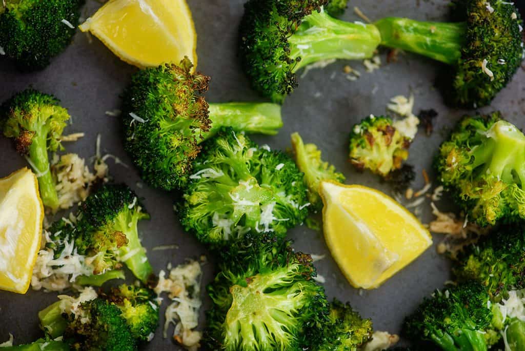 parmesan roasted broccoli on sheet pan.