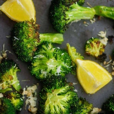 parmesan roasted broccoli on sheet pan.
