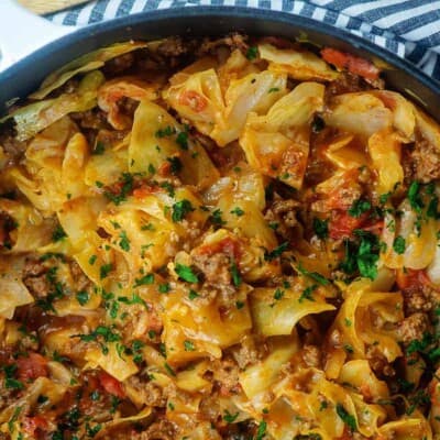 Low carb cheesy cabbage casserole in pan.