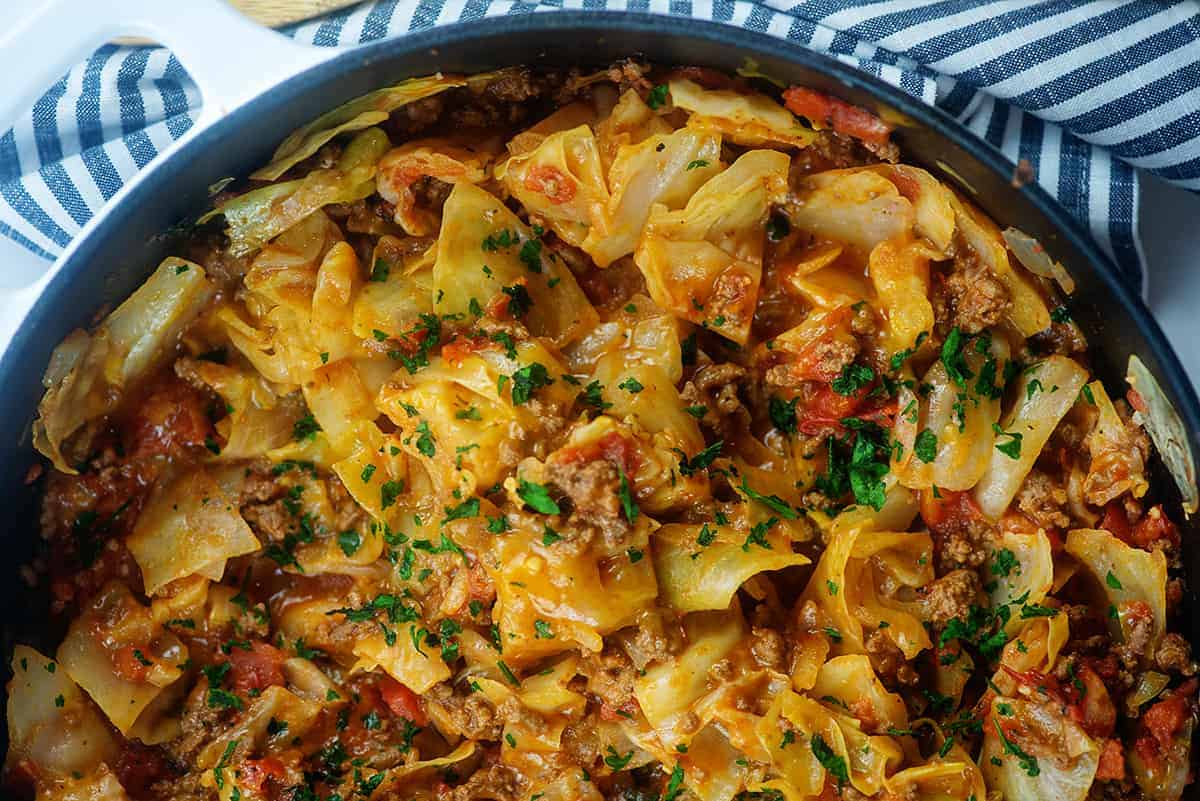Low carb cheesy cabbage casserole in pan.