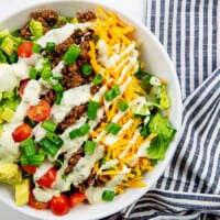 overhead view of taco salad in a bowl.
