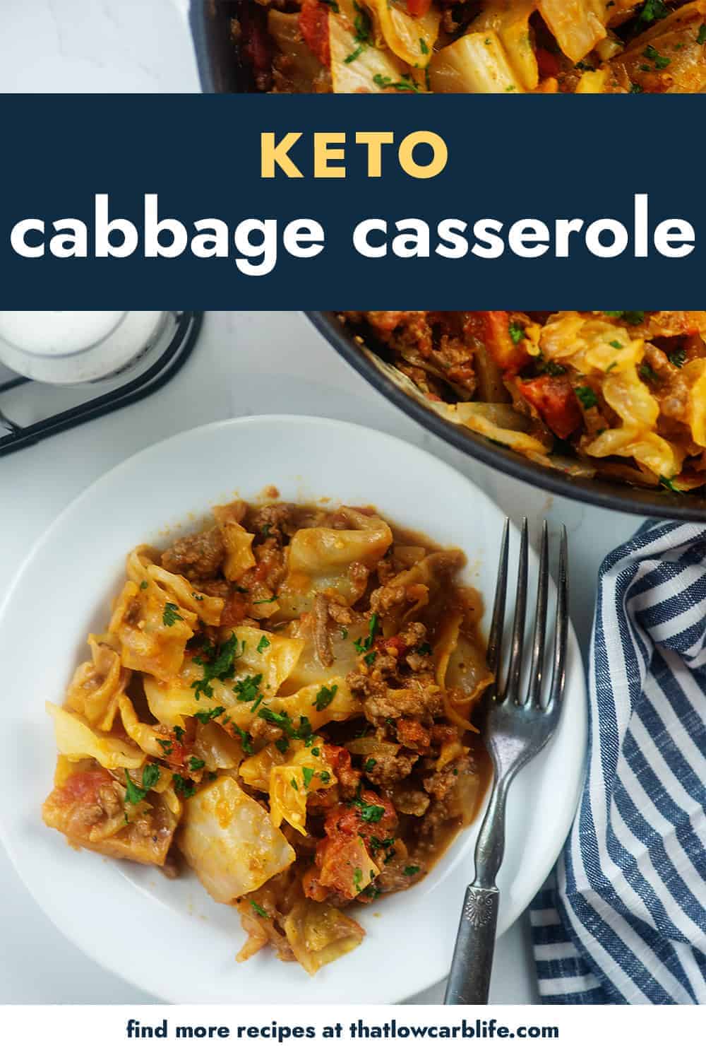 overhead view of cheesy cabbage casserole on white plate.