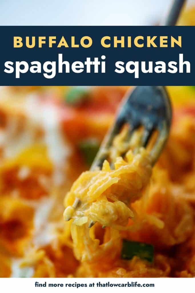 buffalo chicken spaghetti squash on a fork.