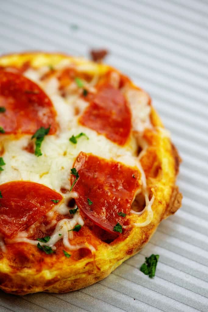 pepperoni pizza chaffle on baking sheet.