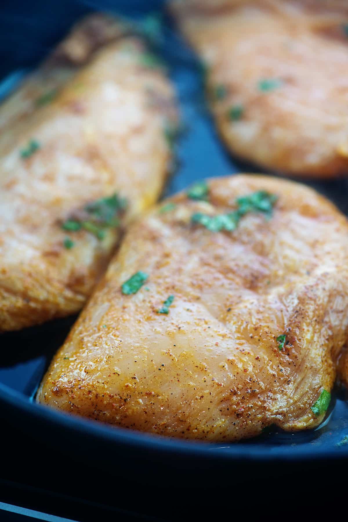 chicken cooking in cast iron skillet.