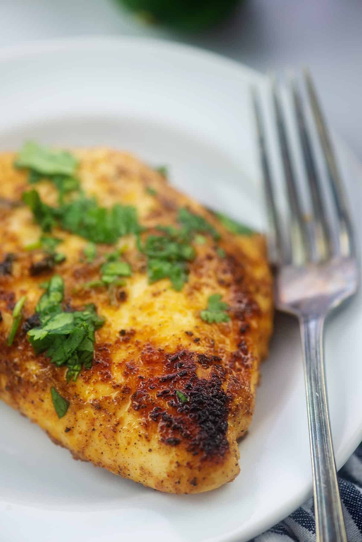 cooked chicken breast on white plate with vintage fork.