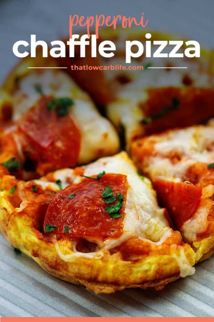 pizza chaffle with pepperoni on baking sheet.