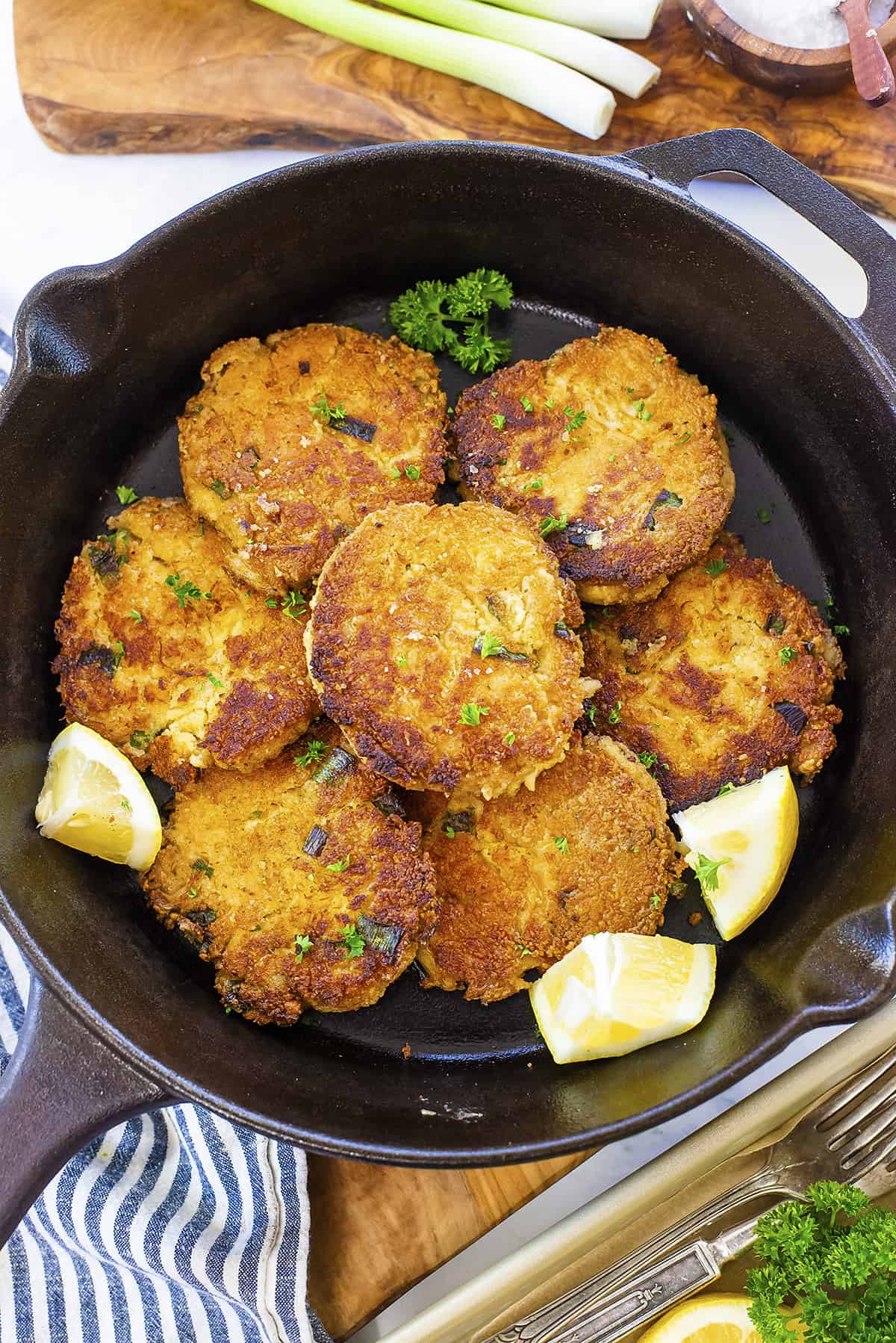 Low carb crab cakes in skillet.