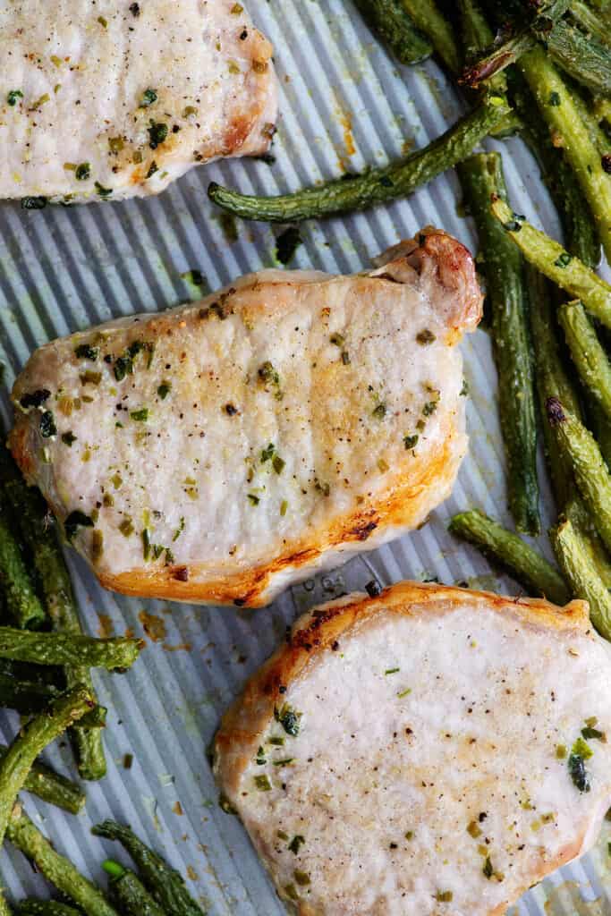 baked ranch pork chops on sheet pan with green beans