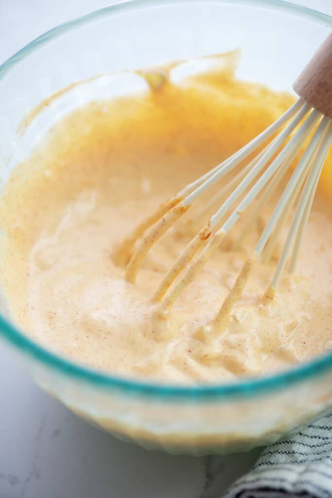 big mac sauce in glass mixing bowl.