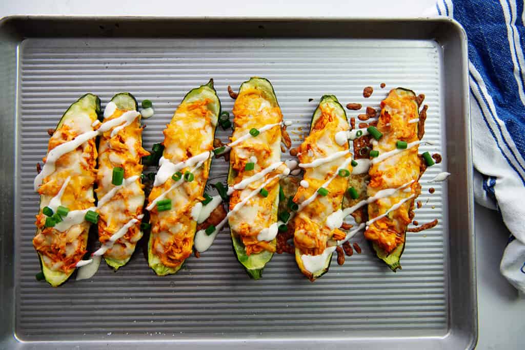 overhead view of zucchini boats on sheet pan.