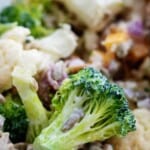 broccoli cauliflower salad recipe in bowl.