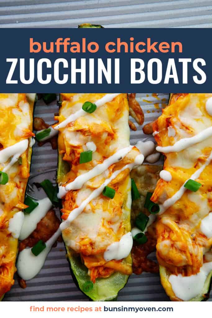 buffalo chicken zucchini boats on sheet pan.